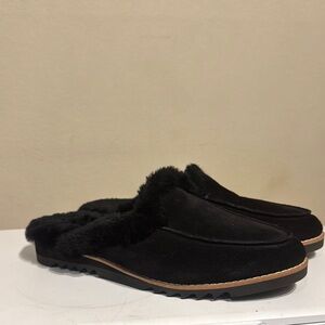 Eileen Fisher Black Suede Shearling-Lined Mule Clogs